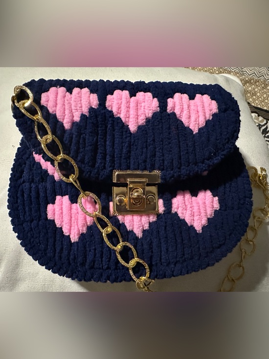 Handmade Handbags - Navy Knit Heart Crossbody handmade Bag with Gold Chain